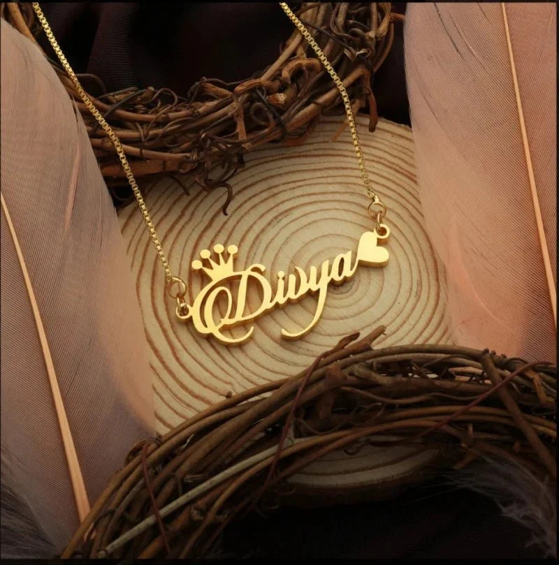 Crown & Heart Style Name Necklace